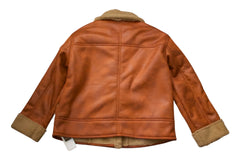 Brown leather jacket with beige trim on a white background