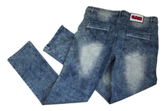 Pair of blue jeans with a brand label on a white background