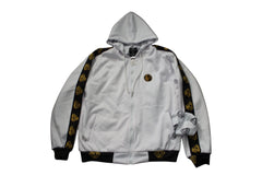 White hoodie with black and gold accents on a white background