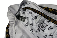 White jacket with black geometric patterns and OPM Clothing label on a white background