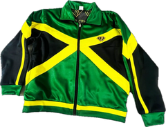 Green, black, and yellow jacket with a flag design on a white background
