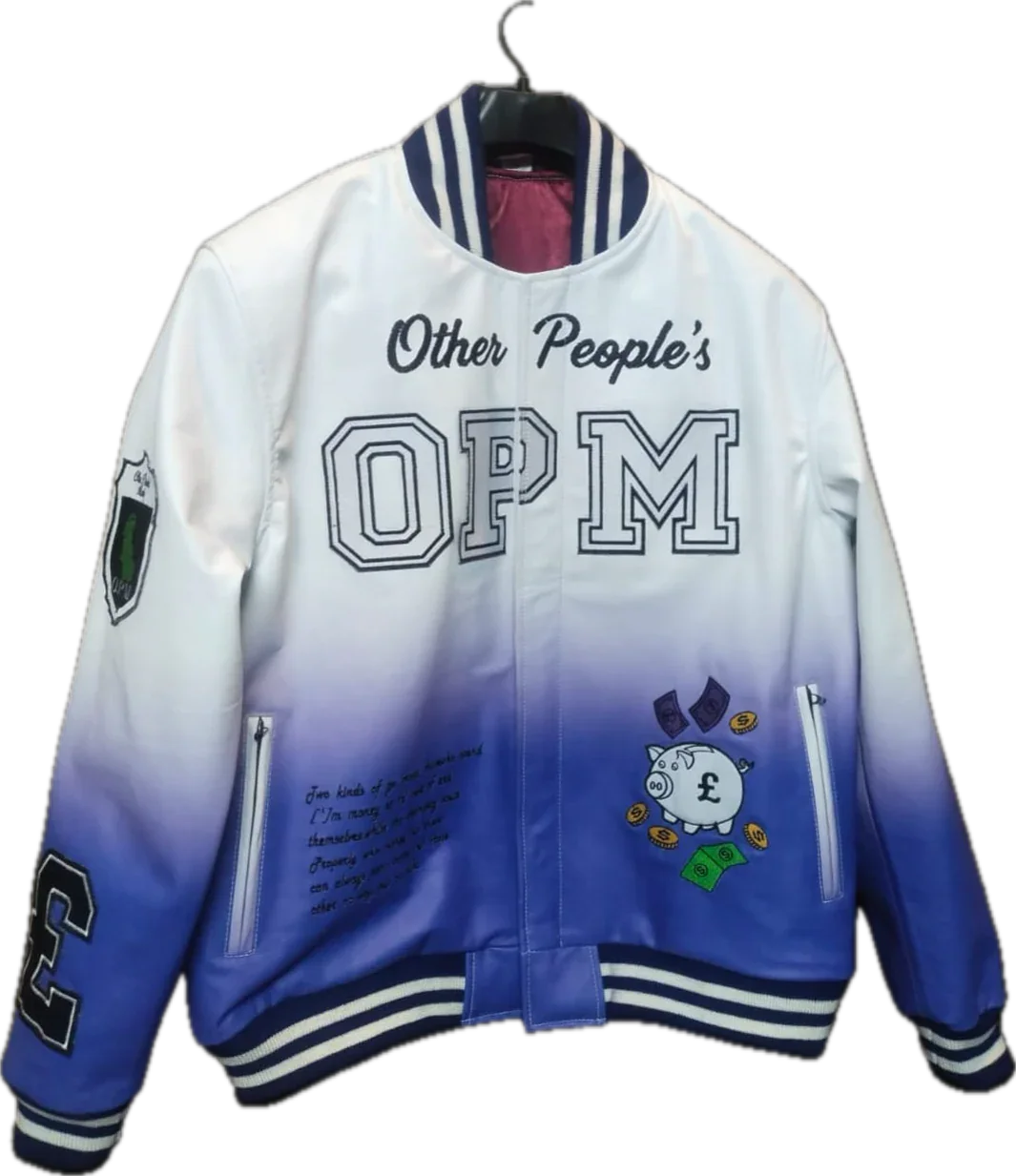 White and blue jacket with 'Other People's OPM' text on a white background