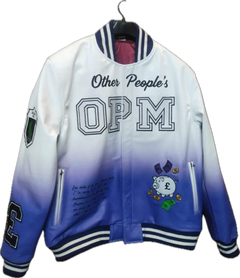 White and blue jacket with 'Other People's OPM' text on a white background