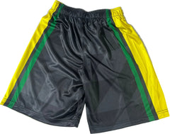Black shorts with yellow and green accents on a white background