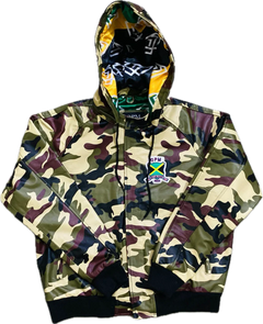 Camouflage hoodie with a brand logo on a white background