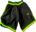 Black shorts with green and yellow trim on a white background
