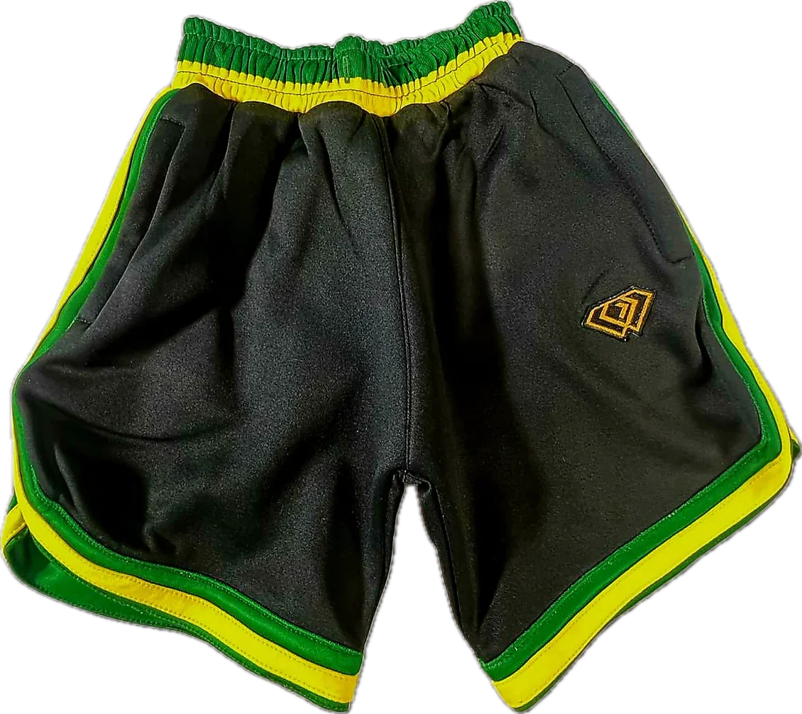Black shorts with green and yellow trim on a white background
