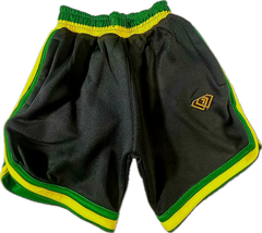 Black shorts with green and yellow trim on a white background