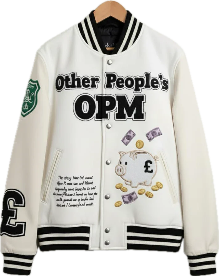 White varsity jacket with black text and graphics on a white background