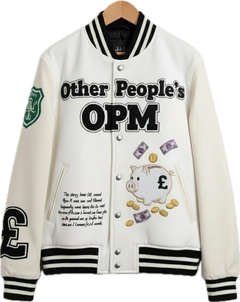 White varsity jacket with black text and graphics on a white background