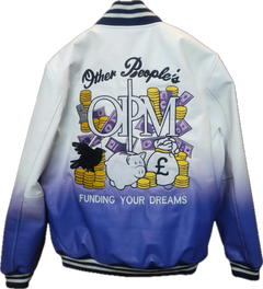 White and blue jacket with colorful graphics and text on a white background