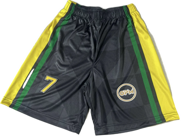 Black athletic shorts with yellow sides and green stripes, featuring the number 7 and a logo on a white background.