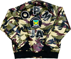 Camouflage jacket with text and logo on a white background