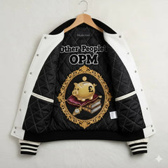 Black and white jacket with 'Other People's Money' design on a hanger