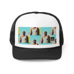 Black and white trucker hat with graphic collage of man in tank top and sunglasses