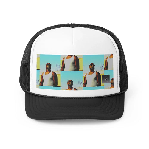 Black and white trucker hat with graphic collage of man in tank top and sunglasses