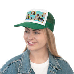 Woman wearing green and white trucker hat with graphic panel, streetwear fashion style