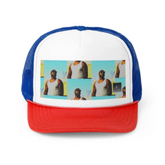 Blue and red trucker hat with pop-art photo collage on front panel