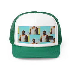 Green and white trucker hat with collage print of man in sunglasses and tank top on front panel