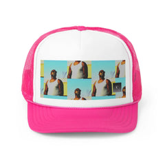 Pink mesh trucker cap with pop art style print of man in white tank top
