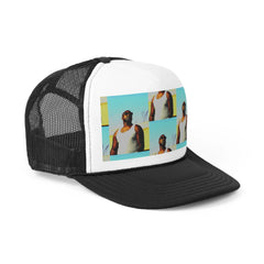 Black and white trucker hat with graphic collage of a man in sunglasses and a tank top
