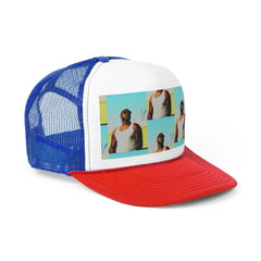 Colorful trucker hat with blue mesh, red brim, and photo print panels on front crown
