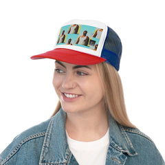 Woman wearing red, white, and blue trucker hat with photo collage front panel, streetwear style