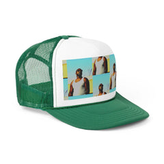 Green and white trucker hat with mesh back, featuring collage print of man in sunglasses and tank top.