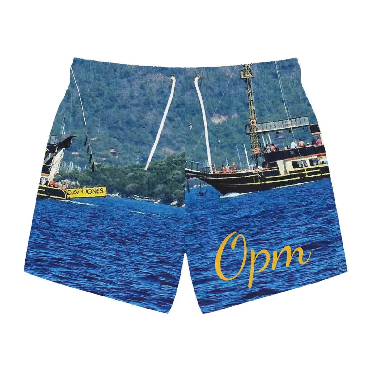Luxury swim trunks with blue ocean and ship print, 'Opm' text, summer beachwear