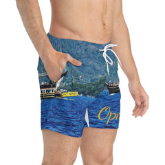 Men's swim trunks with scenic blue ocean, sailboat print, and drawstring waist