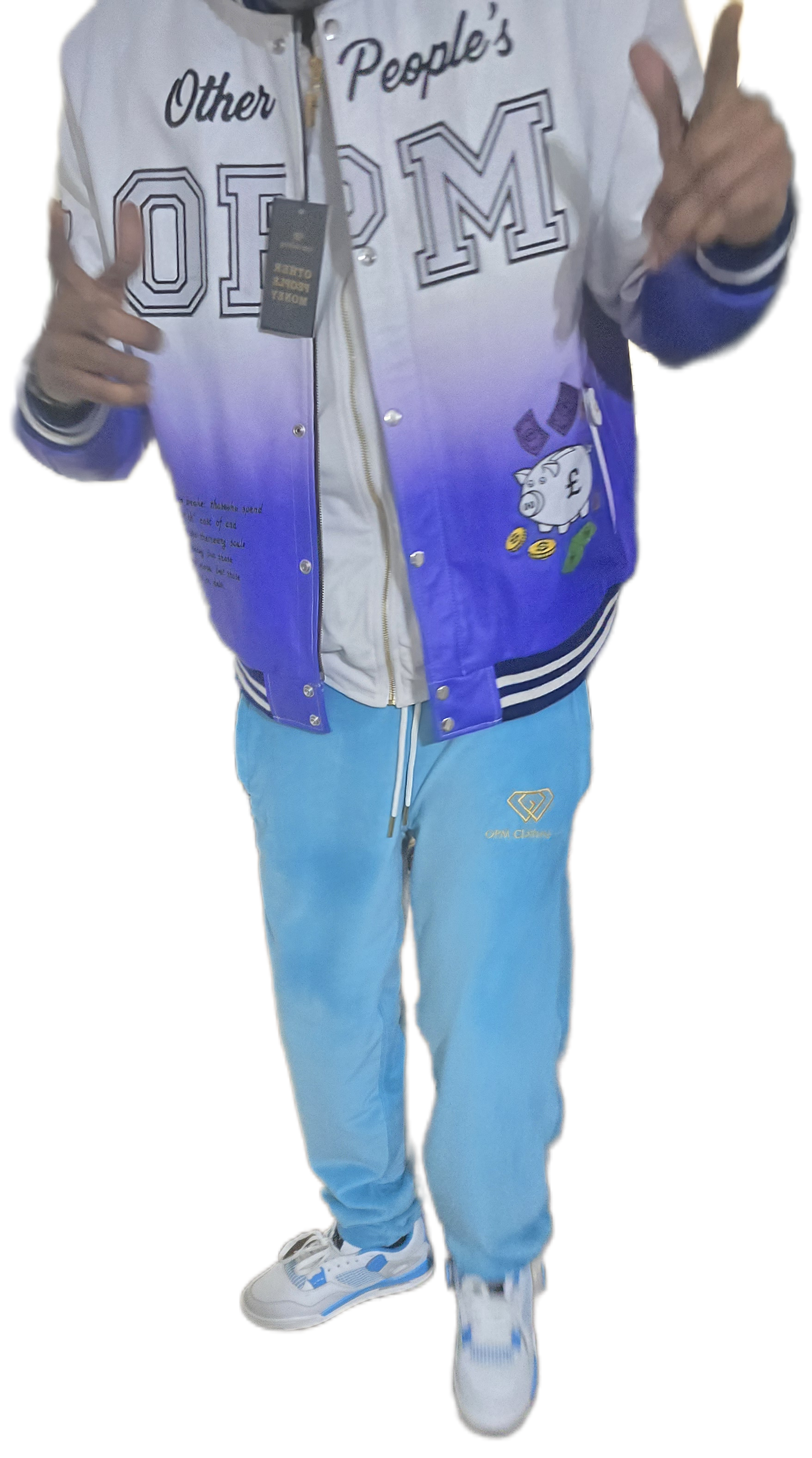 Person wearing a gradient jacket with text and graphics, blue pants, and white shoes on a transparent background.