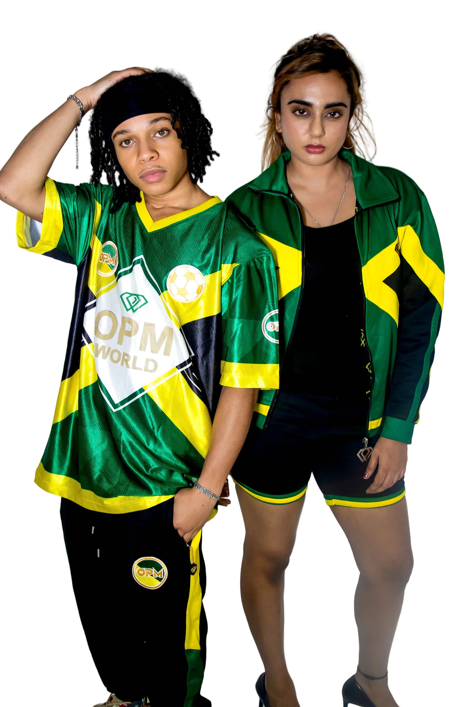 Two people wearing green and yellow sports outfits with visible branding on a white background