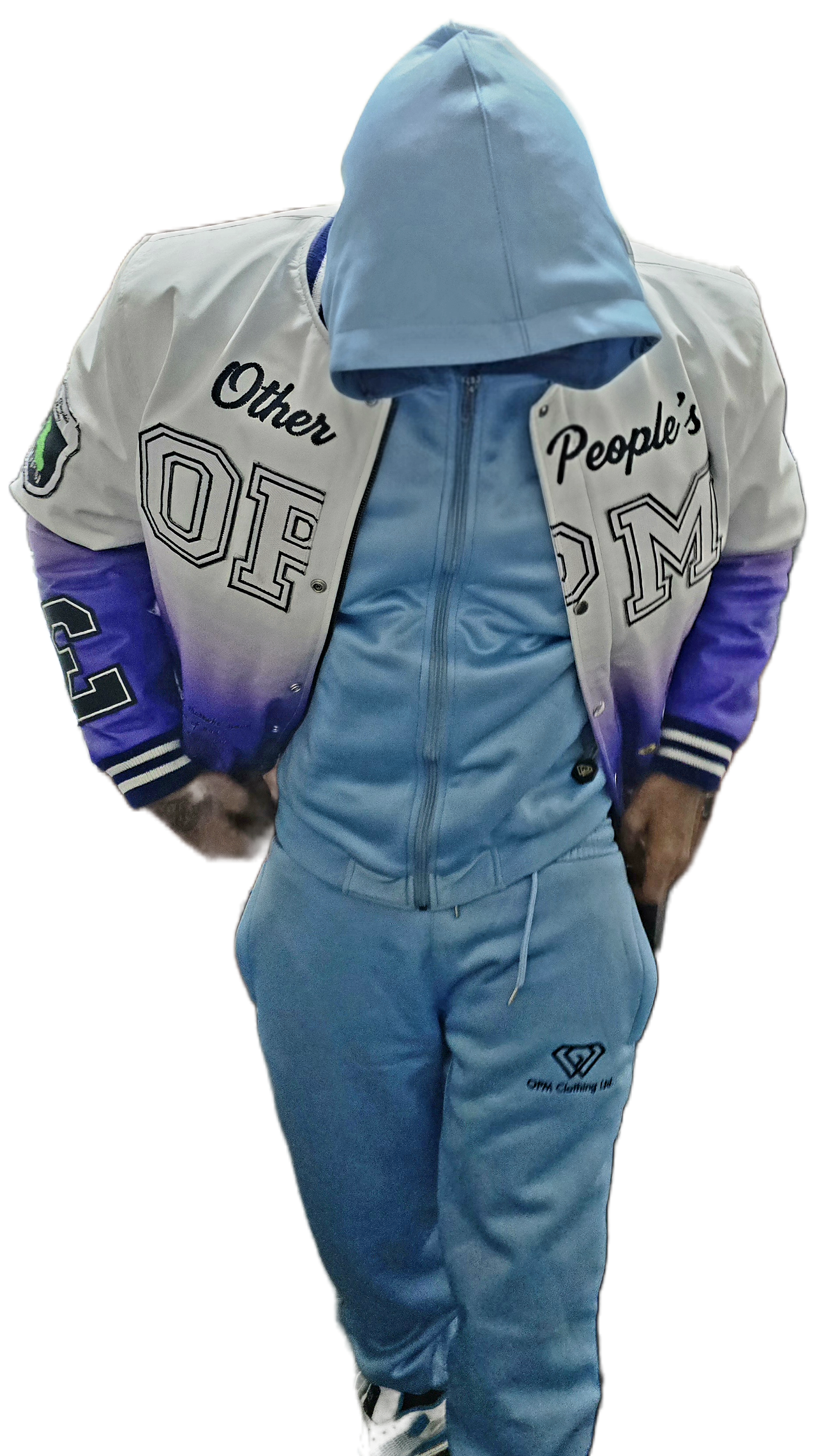 Person wearing a blue tracksuit with a blurred background