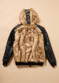 Fur-lined jacket with black sleeves on a beige background