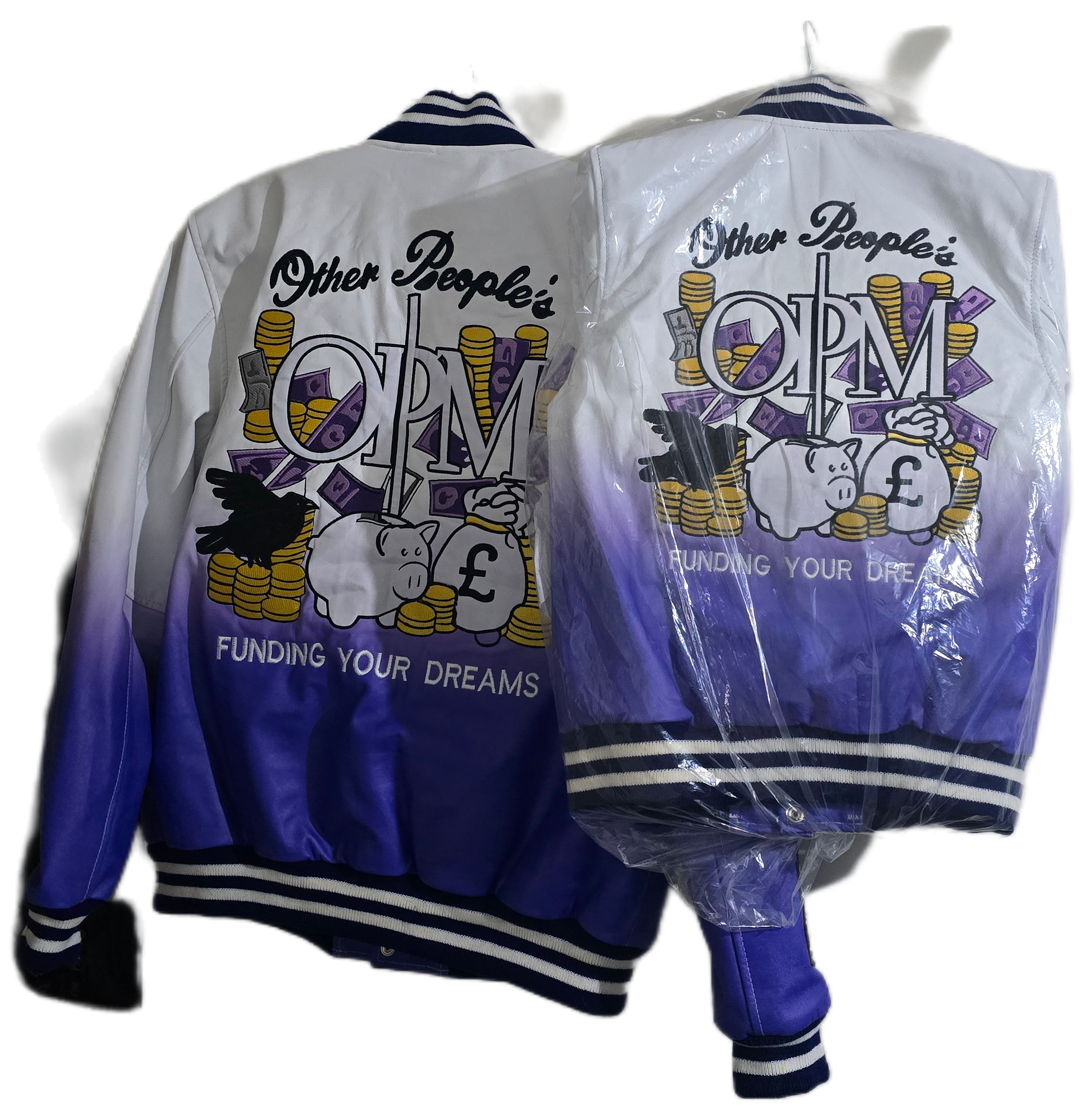 White and blue jacket with colorful graphics and text on a clear background