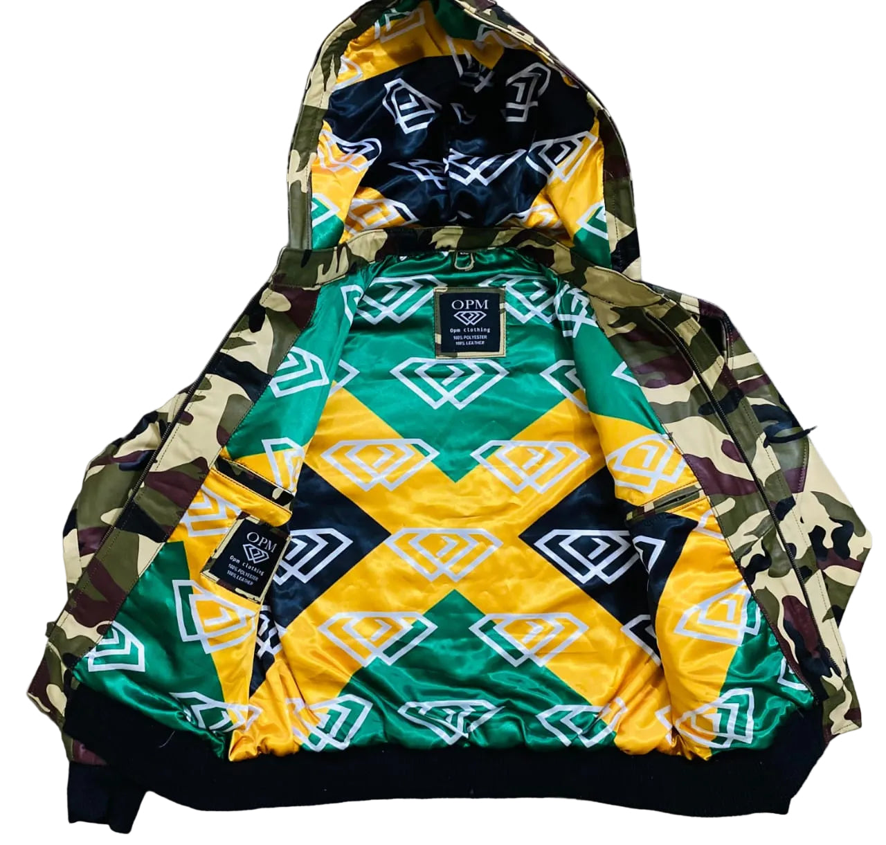 Colorful jacket with geometric pattern on a gray surface