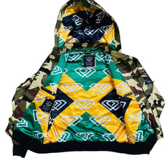 Colorful jacket with geometric pattern on a gray surface