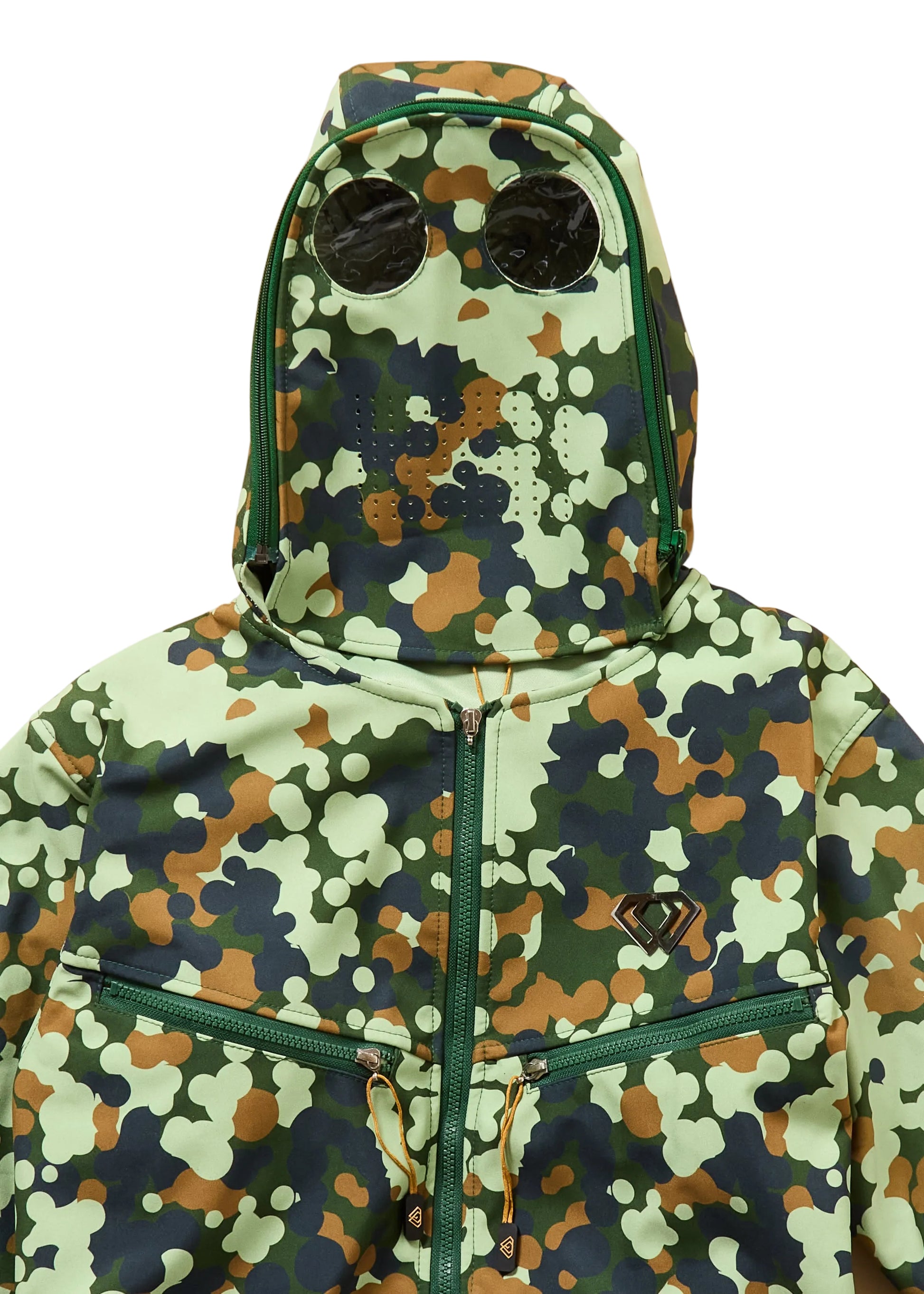 Camouflage-patterned jacket with a hood on a beige background