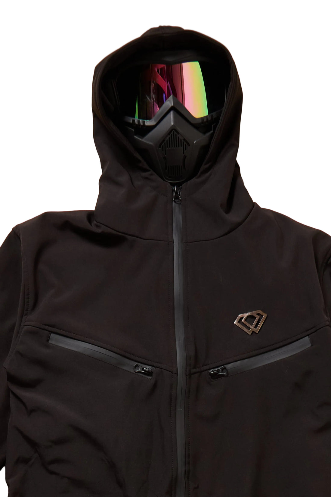 Black jacket with a hood and colorful goggles on a white background