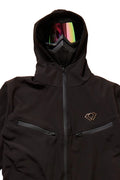 Black jacket with a hood and colorful goggles on a white background