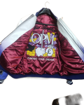Maroon jacket with colorful graphics and text on a white background