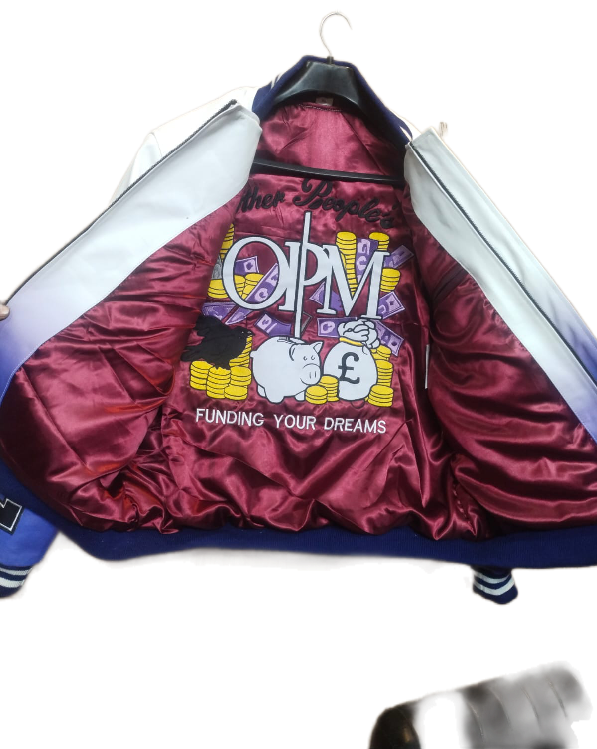 Maroon jacket with colorful graphics and text on a white background