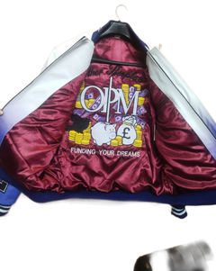 Maroon jacket with colorful graphics and text on a white background