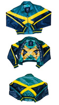 Green and yellow jacket with a cross pattern on a gray background
