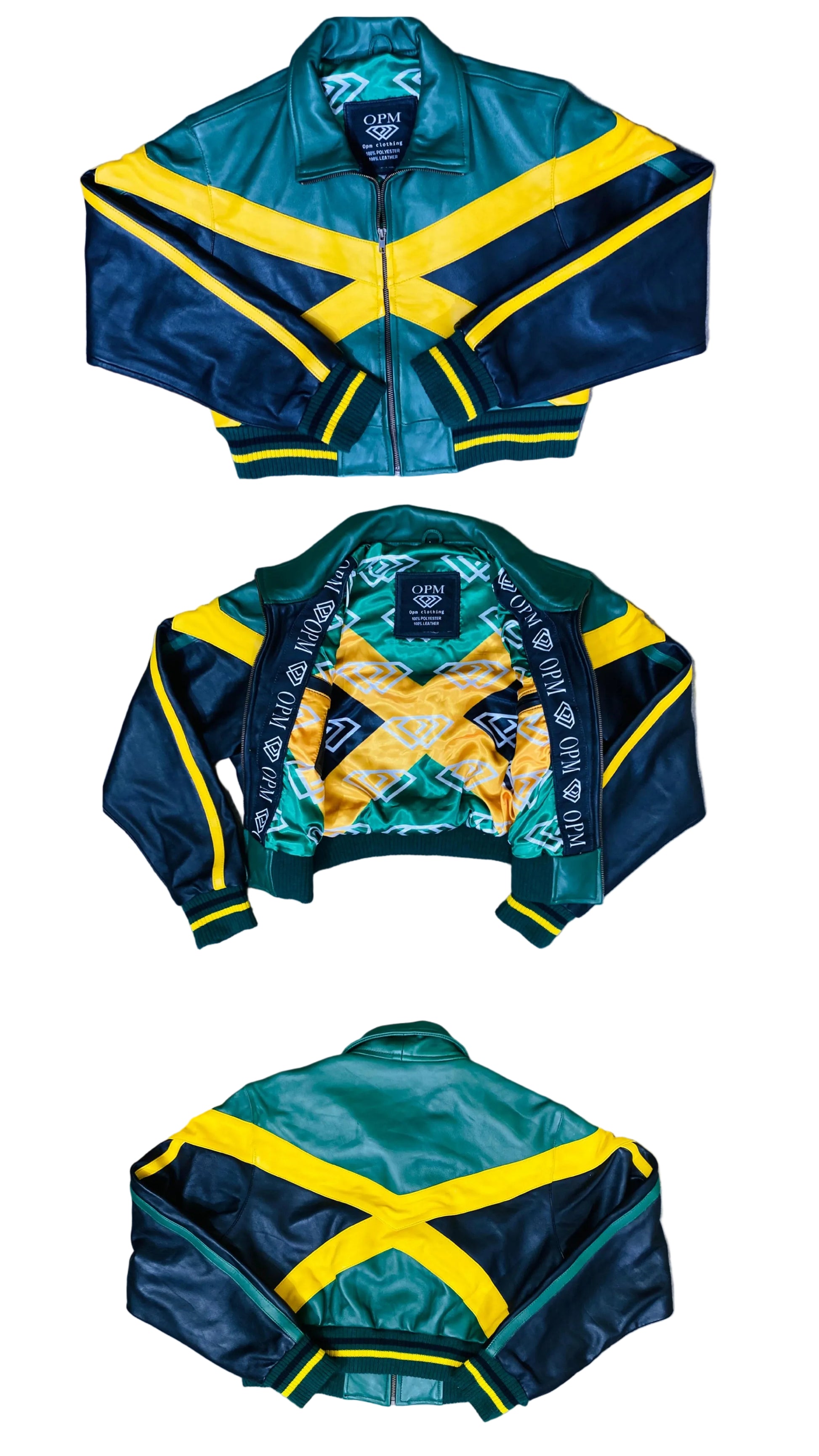Green and yellow jacket with a cross pattern on a gray background