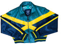 Green and blue jacket with yellow accents on a gray surface
