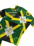Green, yellow, and black sports jersey with 'OPM World' branding on a white background