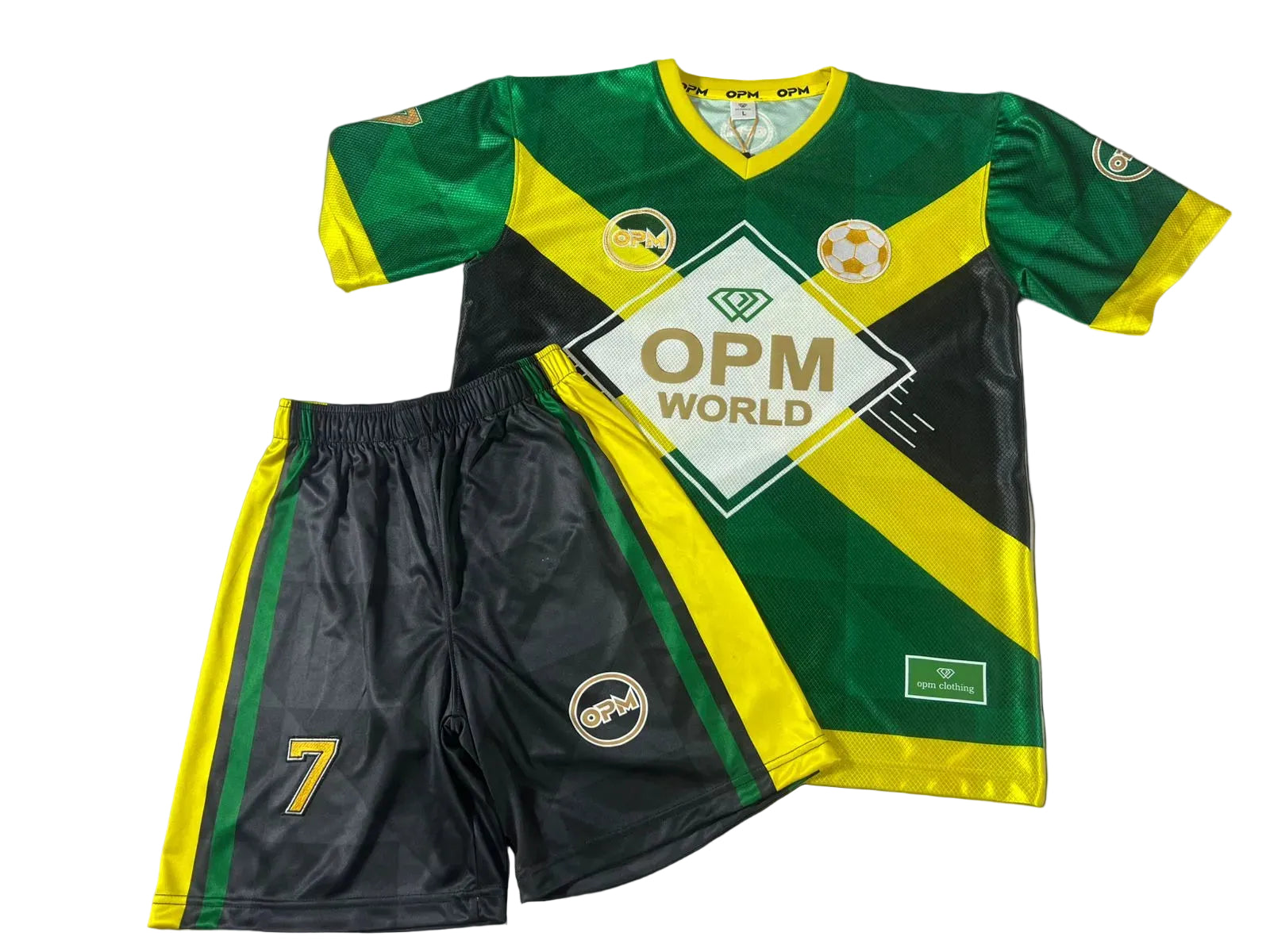 Green and yellow sports jersey with black shorts on a black background, featuring 'OPM World' branding.