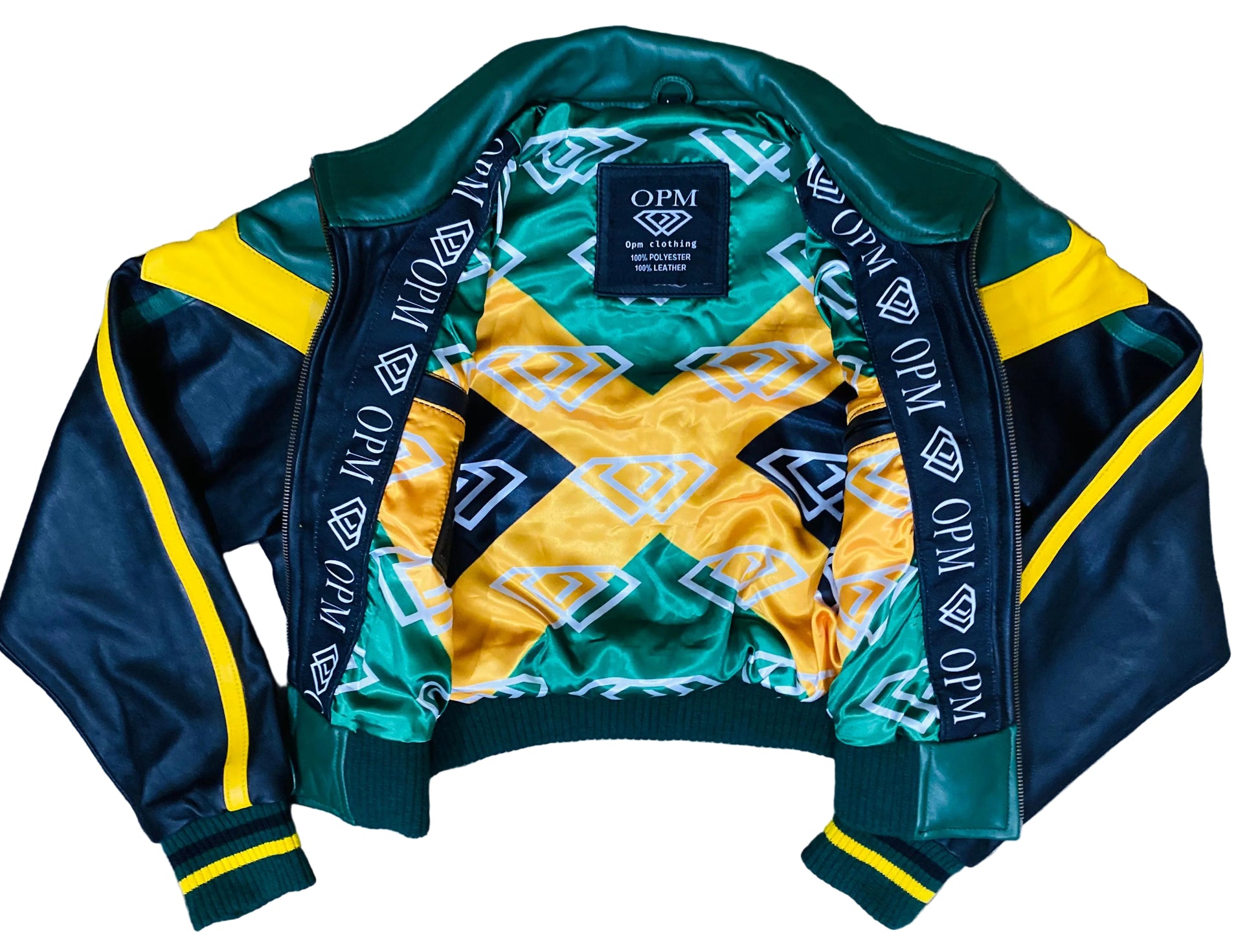 Colorful jacket with geometric patterns and 'OPM' branding on a gray surface