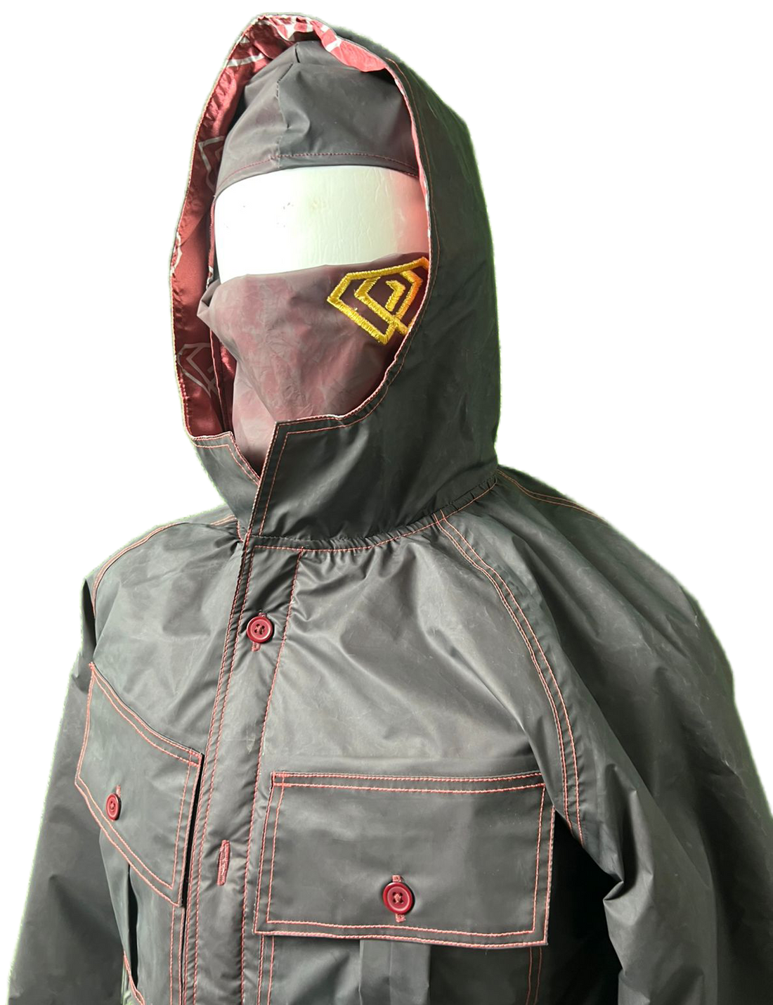 Gray hooded jacket with a logo on the chest against a white background